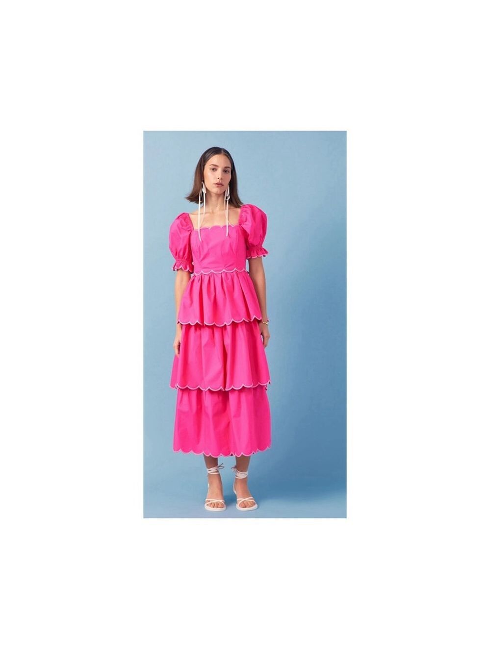 NWT English Factory Viral Sold Out Scallop Tiered Midi Dress Pink L